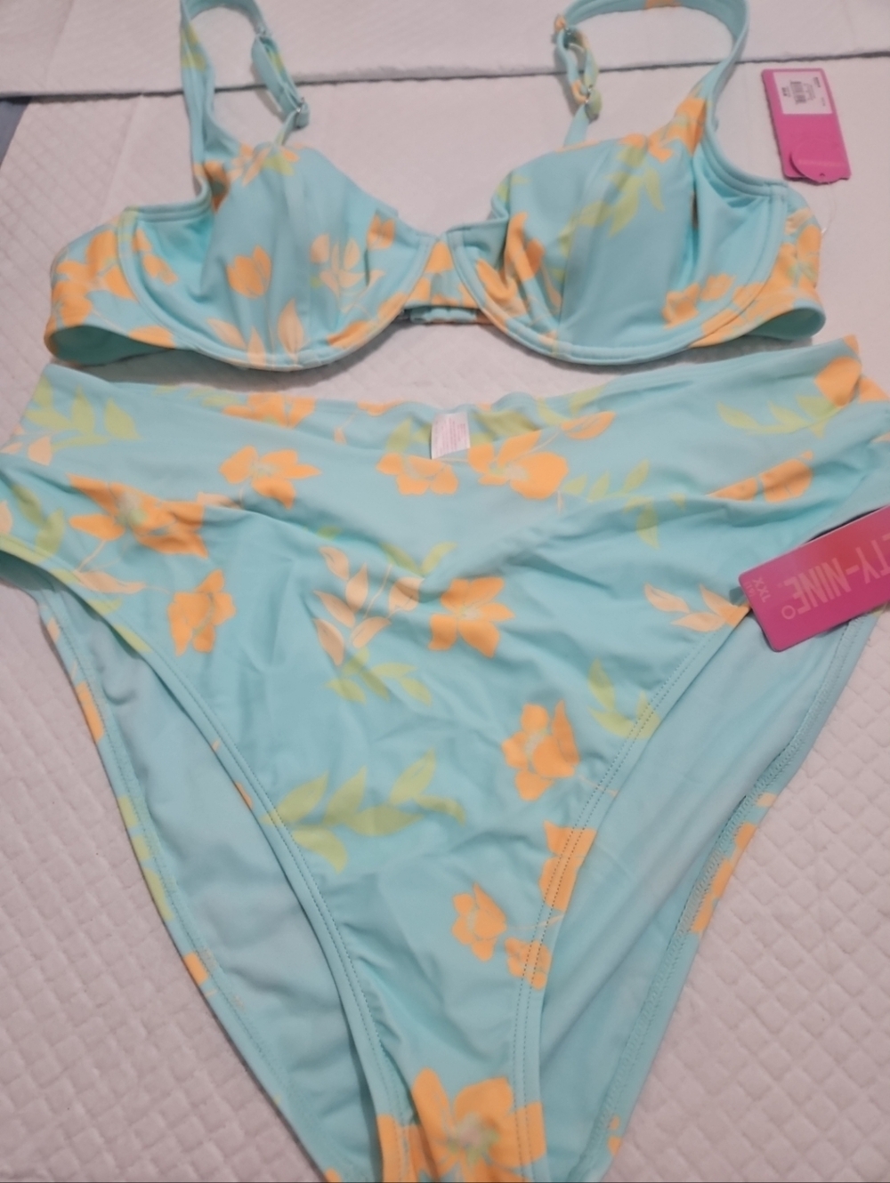 Aqua Floral Underwire Bikini Set - Mint with Orange Flowers Sz XXL
